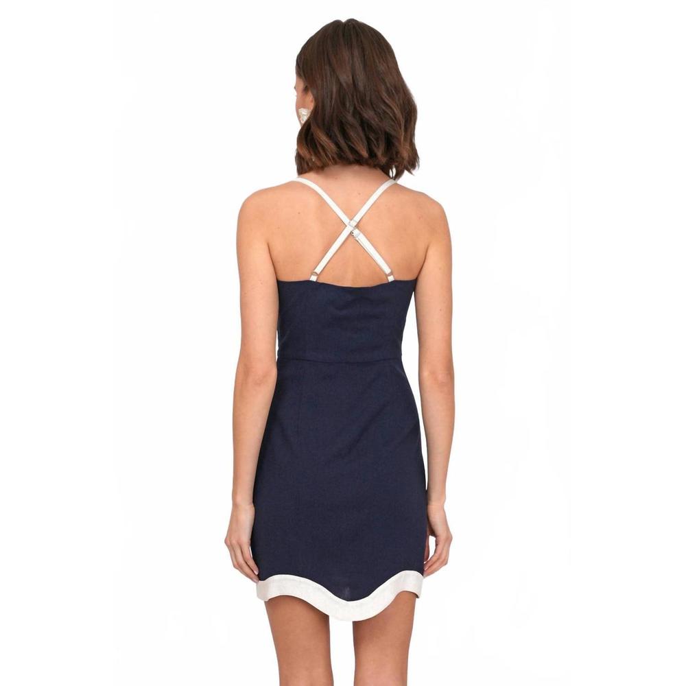 NEW ADELYN RAE scalloped linen trim mini dress in navy/white - Picture 3 of 4